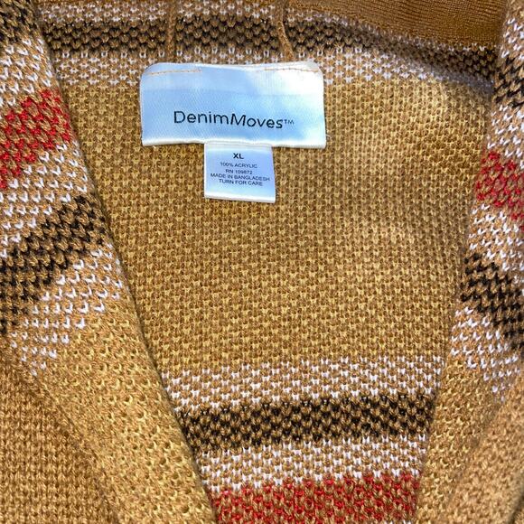 Tan Hooded Sweater Cardigan Coat Jacket Snap Front Stripes - Picture 3 of 4